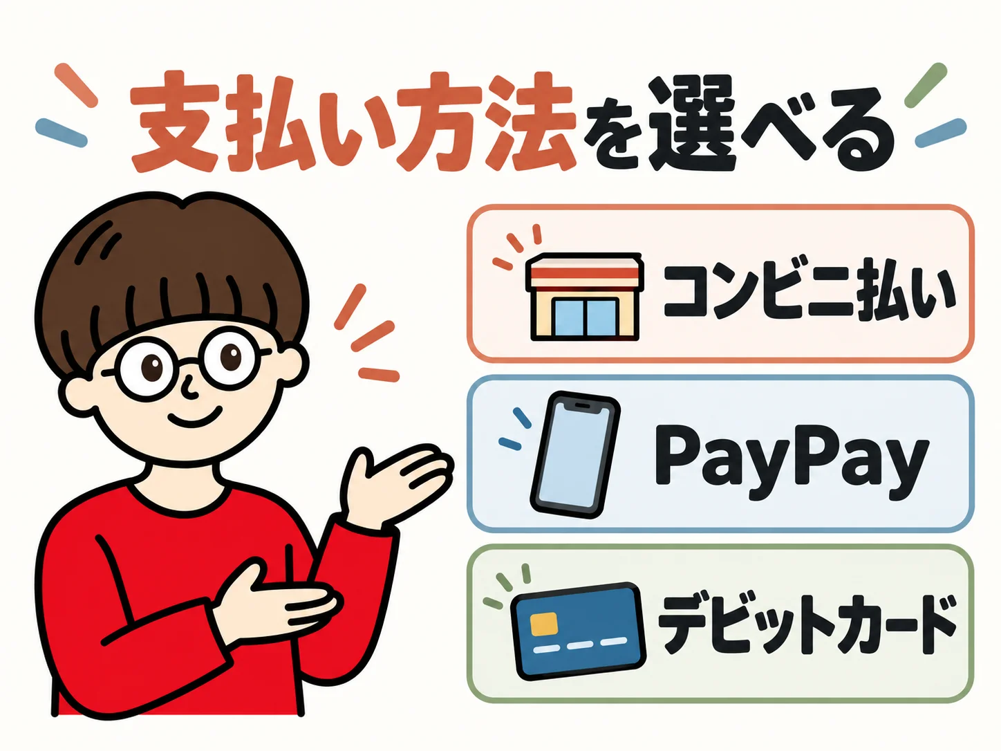 プリオがコンビニ払い、PayPay、デビットカードの支払い方法を紹介する図