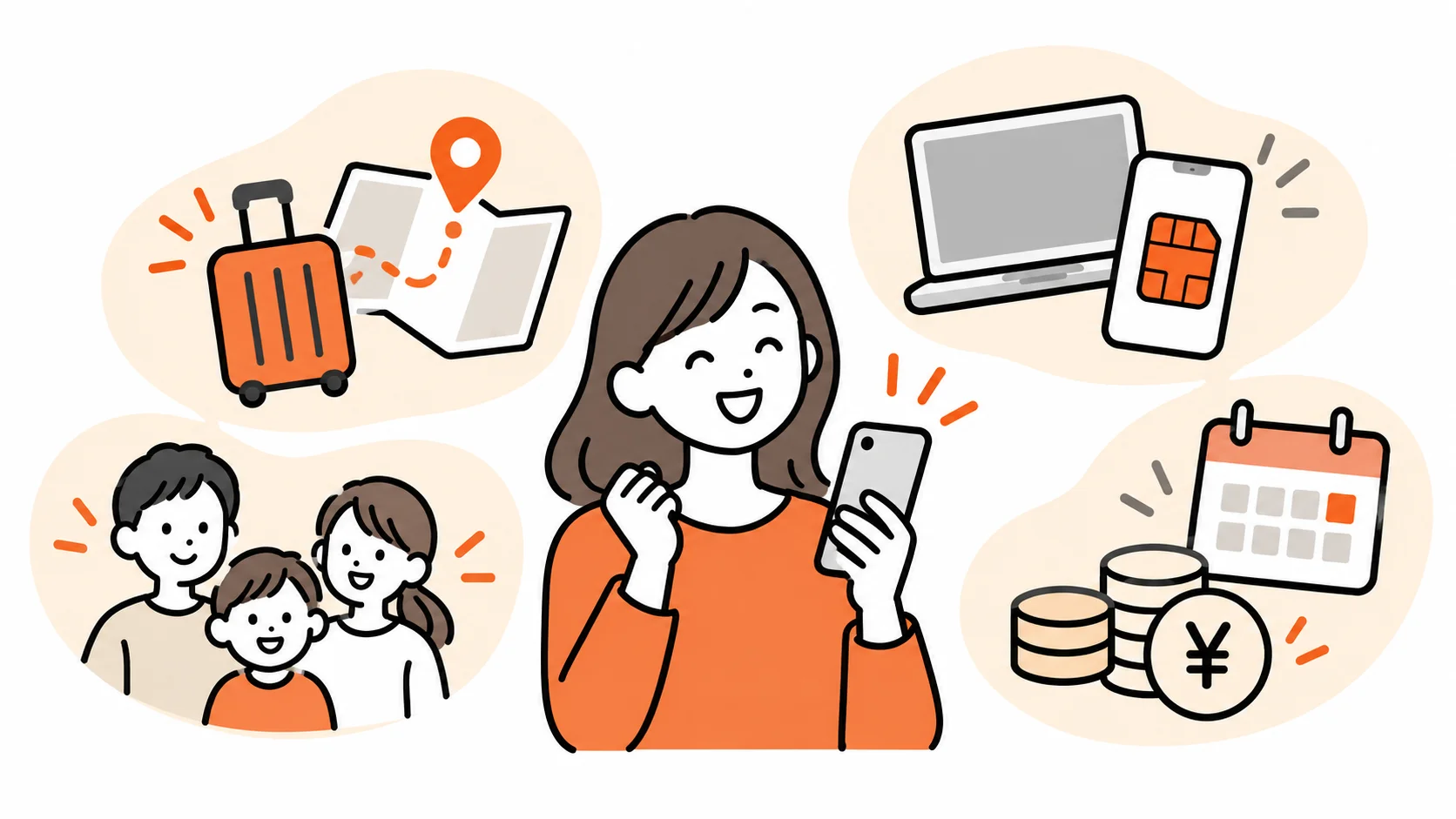 スマホ活用を楽しむ女性と四つの暮らしアイコン.png