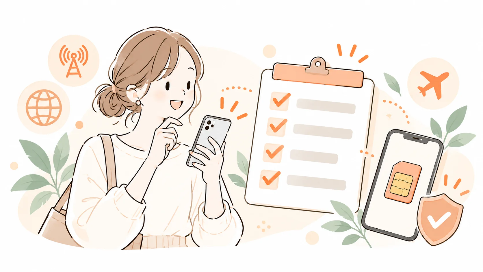 スマホとチェックリストの旅支度イラスト.png