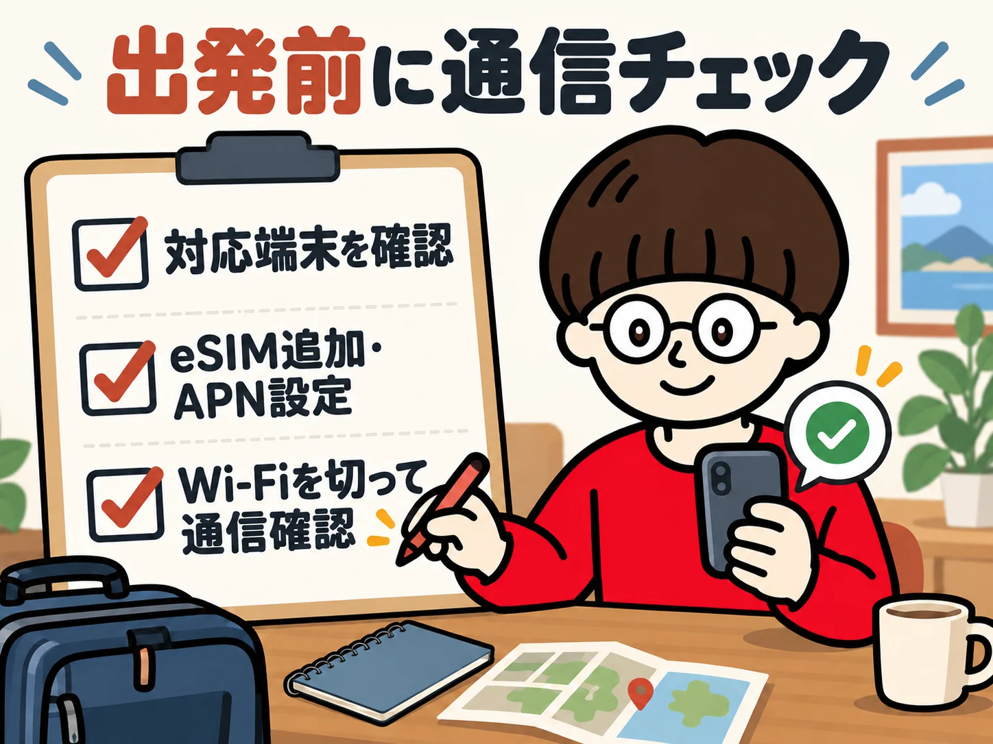 プリオが対応端末、eSIM追加とAPN設定、Wi-Fiを切った通信確認をチェックする図